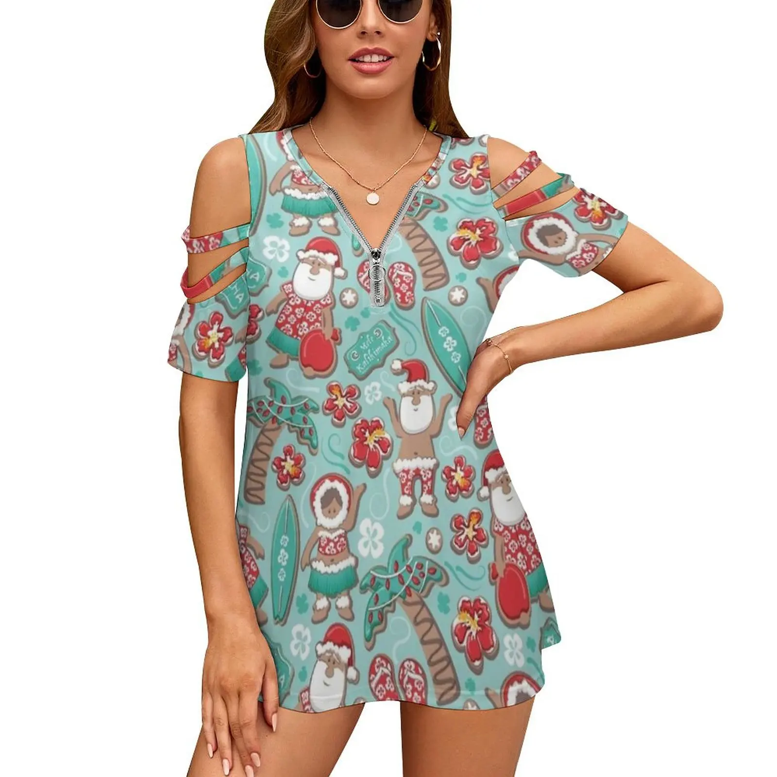 Mele Kalikimaka 하와이안 크리스마스 진저브레드 쿠키 여성용 티셔츠, 프린트 지퍼 브이넥 반팔 티셔츠, 새로운 패션