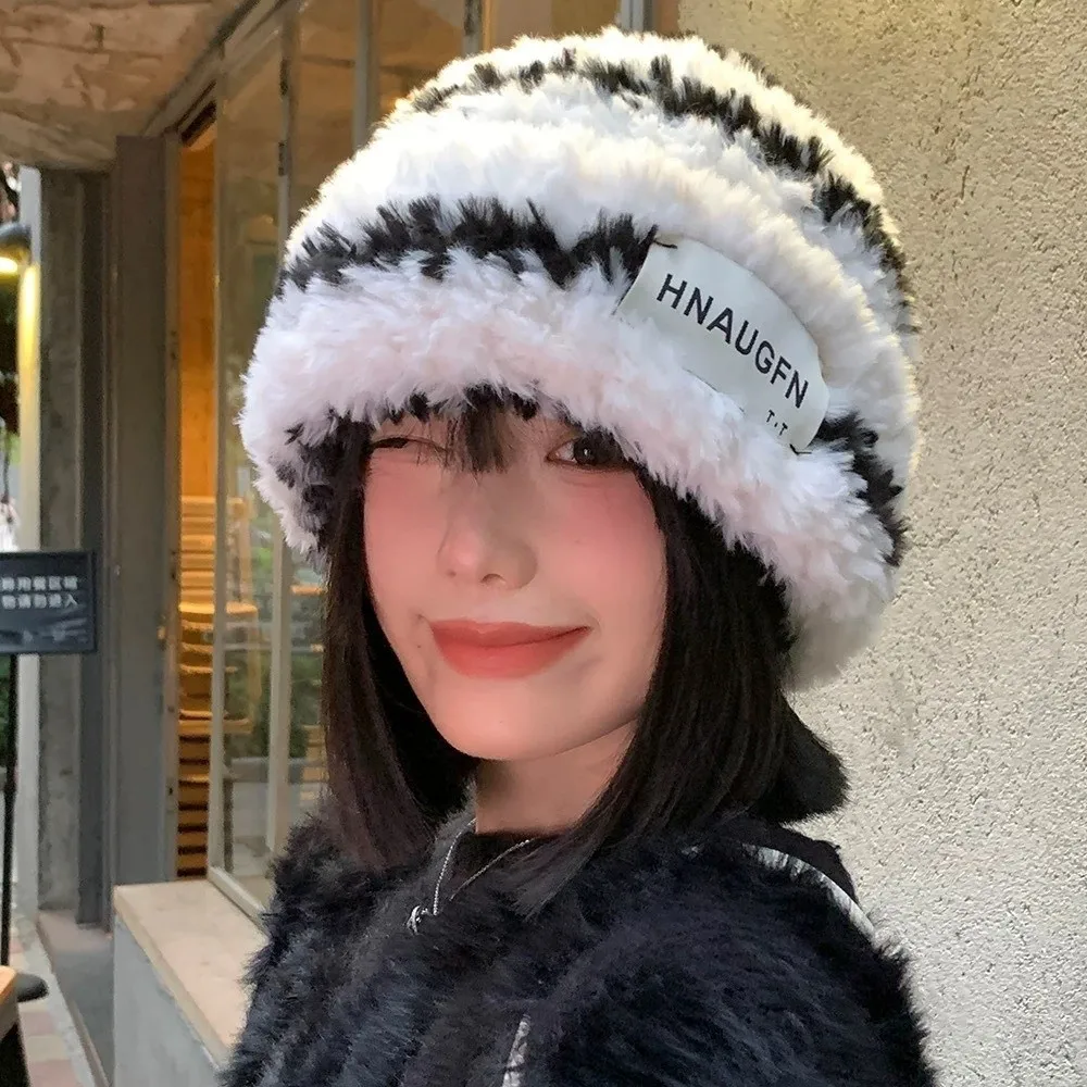 新しいウールストライプニット帽子肥厚防寒パイル帽子ビッグサイズ暖かさ帽子女性