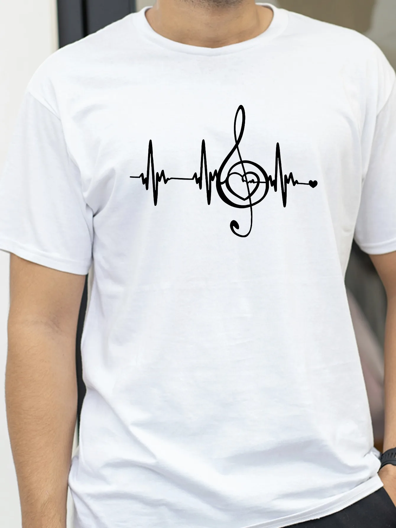

Music Note Heartbeat Funny Tshirts for Men Design Music Tee Men women Sleeves short sleeved t shirt summer Breathable tees