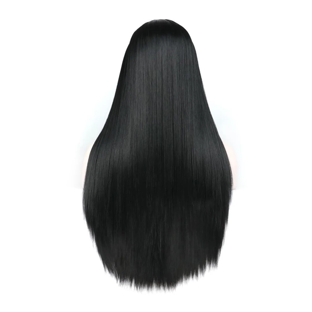 70cm Long Black Silky bone Straight Heat Resistant Synthetic Wigs with Middle Part bangs Glueless Ready To Wear women　Hair Wigs