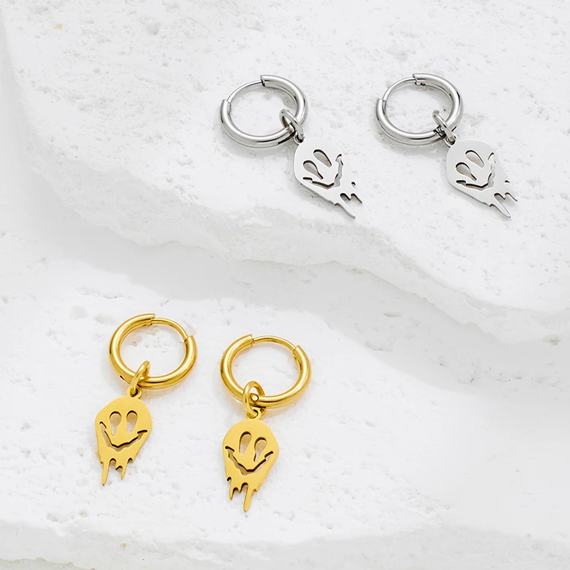 Neo-Gothic Stainless Steel Melting Ghost Face Pendant Hoop Earrings Women Funny Specter Ear Jewelry Girl Halloween Party Gifts