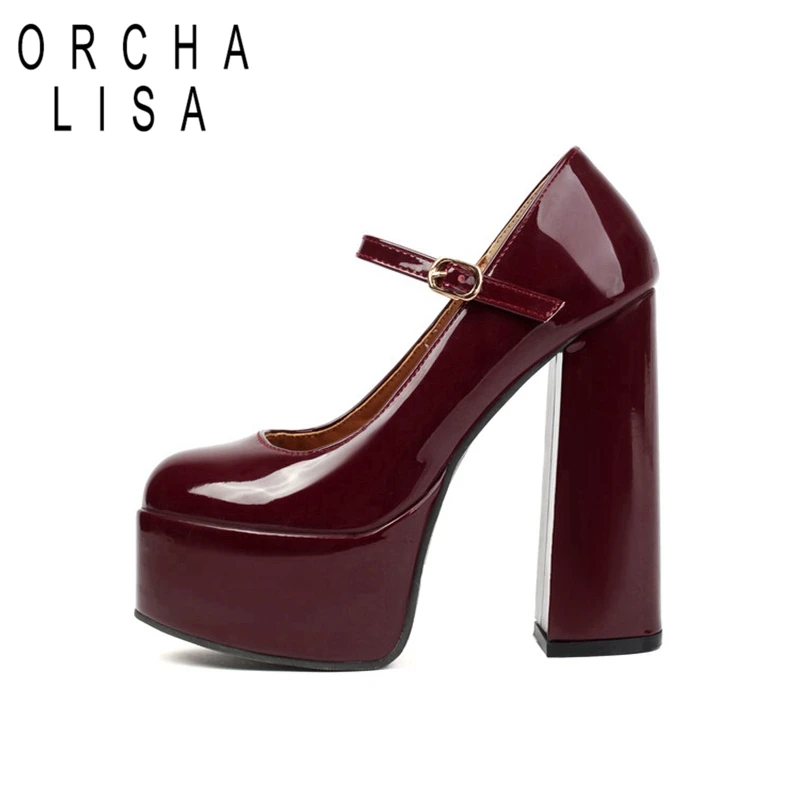 ORCHA LISA 2024 New Mary Janes Women Pumps Shoes Round Toe 14cm Thick Block Heel 5cm Platform Patent Leather Buckle Big Size 41