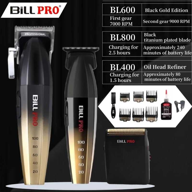 Bill PRO Professional Hair Clipper 9000RPM Motor Carbon Steel Blade with 6 Models Metal Limit Comb Head Gradient Hair Trimmer