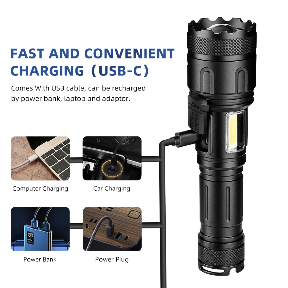 High Power XHP160+COB Flashlight TYPE-C Rechargeable Zoom Torch Lantern For Camping,Work,Emergency