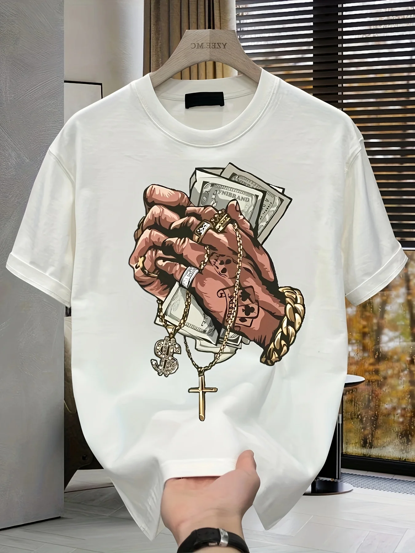 Men's Summer 100% Pure Cotton Money and Cross Graphic Print Fashionable Casual Sports Loose Round Neck Short Sleeved T-Shirt