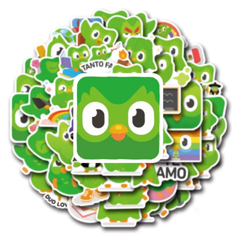 Cartoon Duolingo Pacote de adesivos decorativos, Diversão adesivos criativos, mala, copo de água, papelaria, telefone móvel, diversão, 55pcs