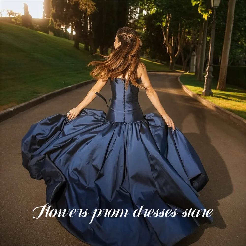 

Flowers Navy Blue Evening Dress Strapless Sleeveless Prom Dress with Bow Party Formal Gown A Line Satin robe de bal Customized