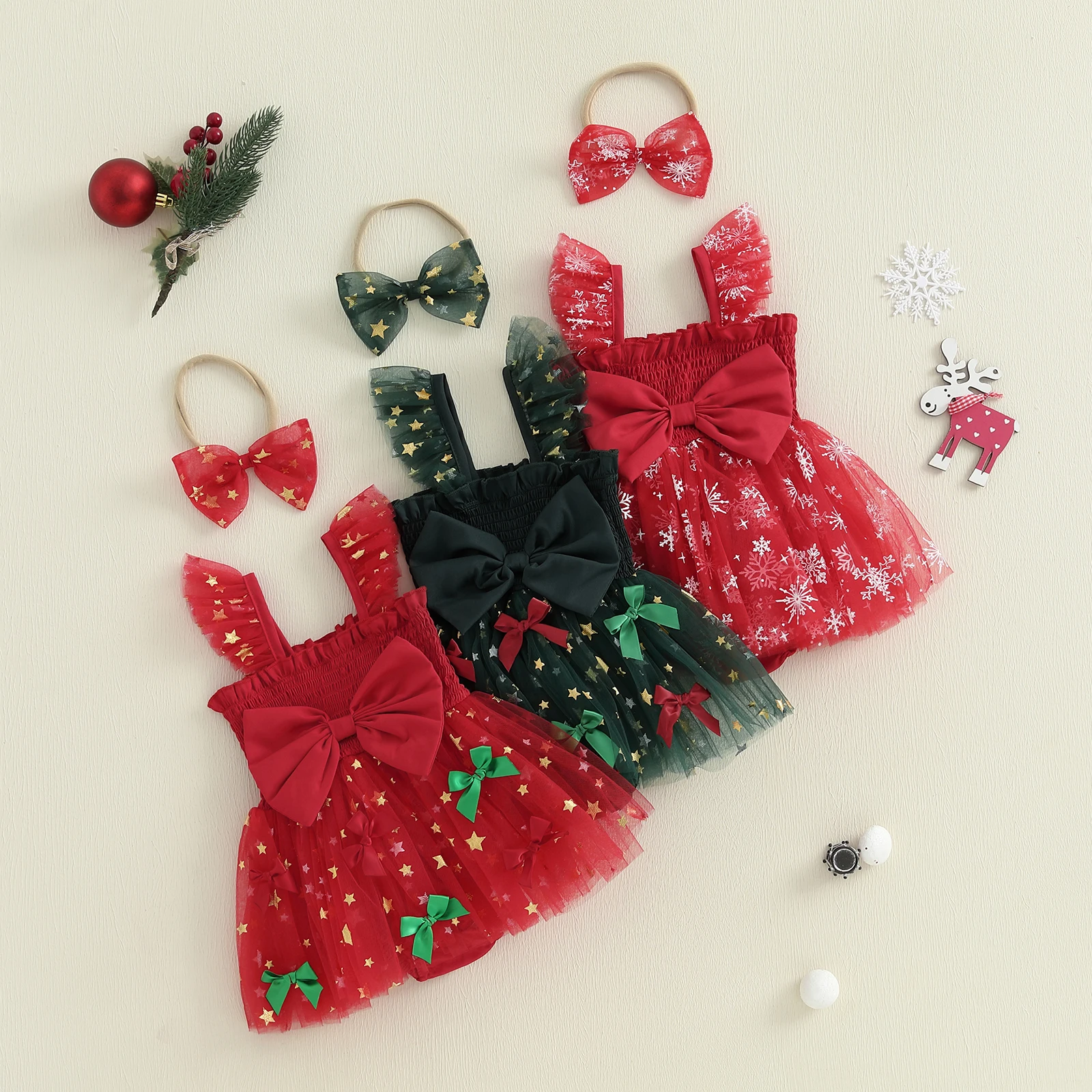 

Tregren 0-18M Infant Baby Girl Christmas Outfit, Sleeveless Stars Bows Tulle Patchwork Romper Dress with Hairband 2pcs Sets