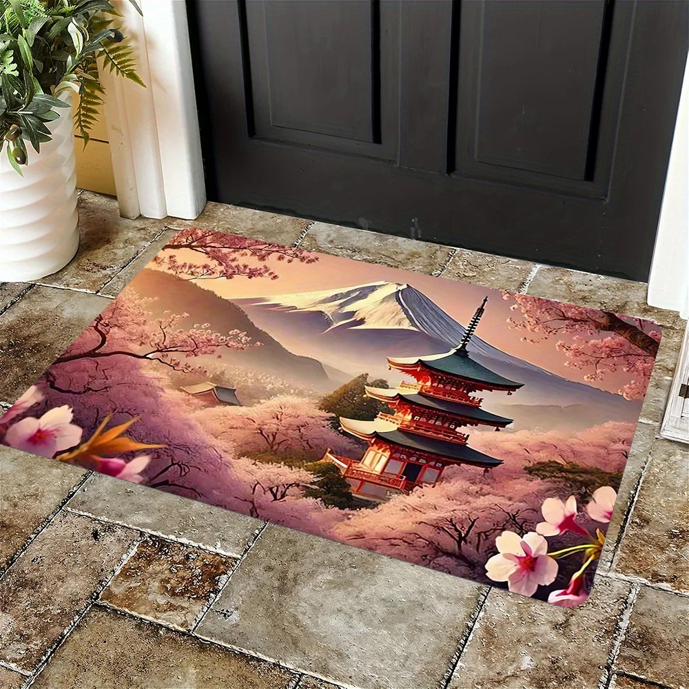 1pc 2D Flat Japanese Landscape Cherry Blossom & Mount Fuji Mat, Home Decor Suitable for Home, Patio, Kitchen & Bathroom, 2D Flat
