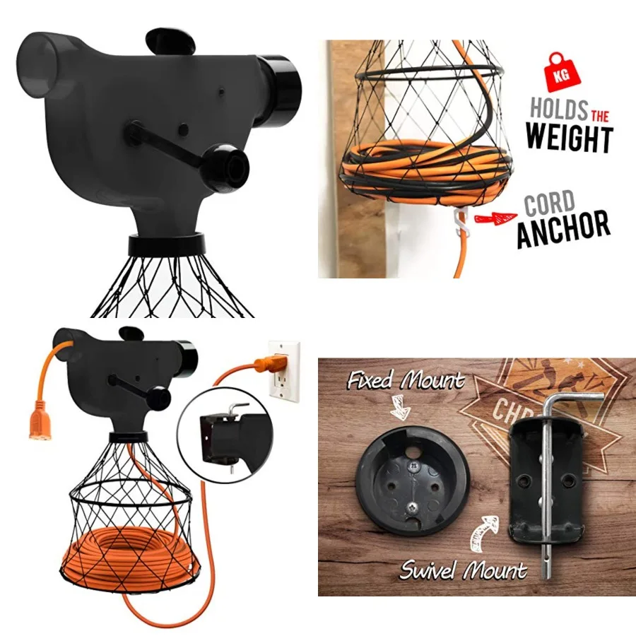 

Extension Cord Winder Organizer, Transportable from Wall to Wall with 2 Fixed and 1 Swivel Wall Mount