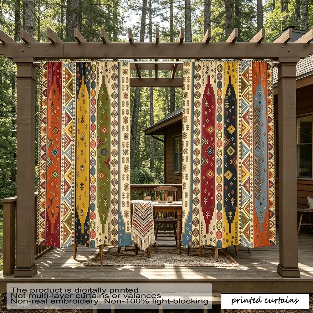 2pcs 2D Vibrant Geometric Pattern Decoration Traditional Printed Outdoor Curtains, Designed Specifically for Courtyards, with UV