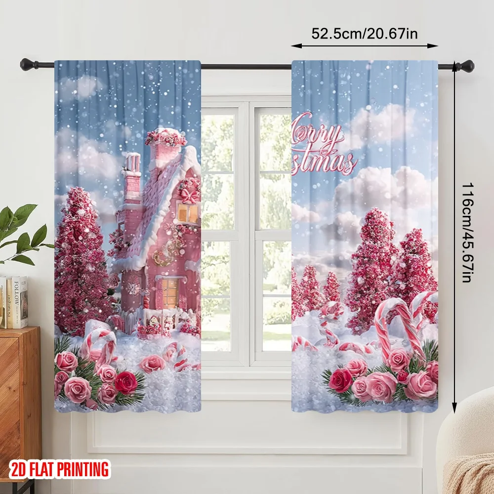 2pcs,2D plane printing Curtain Popular Pink cottage and snow trees Polyester (without rod) Home Decor for Bedroom, Living Room