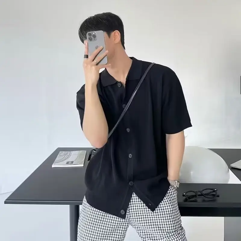 Summer senior lapel short-sleeved cardigan men's ice silk simple button niche light casual style solid color half-sleeved shirt