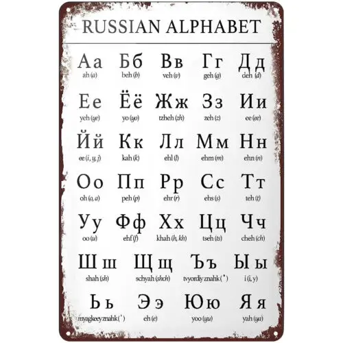 Vintage-Metallschild, russisches Alphabet-Diagramm, Poster, Blechschild, Wandkunst, Dekoration, Plakette, Aluminium-Blechschild