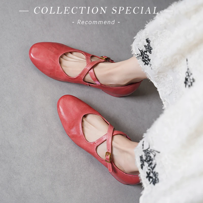 2025 Retro FlatsรอบToe Mary Janeผู้หญิงรองเท้ารองเท้าสุภาพสตรีคุณภาพสูงHorsehideฤดูใบไม้ผลิฤดูใบไม้ร่วงHandmade Vintageรองเท้า