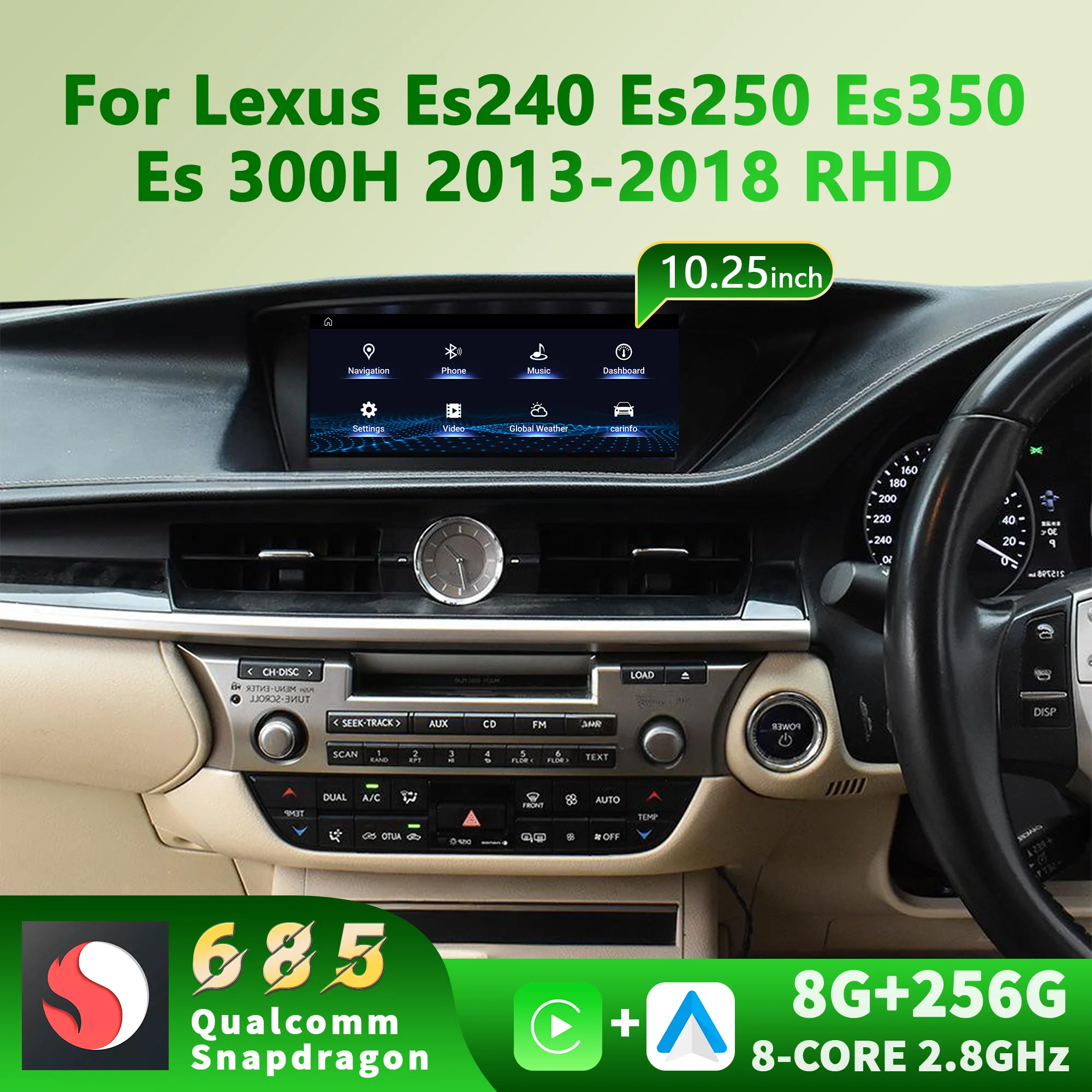 10.25 inch Right Hand Drive For Lexus Es240 Es250 Es350 Es 300H 2013-2018 Radio GPS Wireless BT Carplay Snapdragon 680 Screen