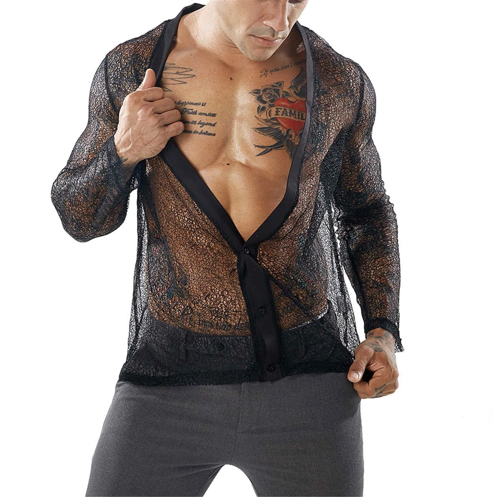 Camisa de malla transparente para hombre, blusa negra de manga larga sin mangas para fiesta, cárdigan Sexy de Kimino para Club