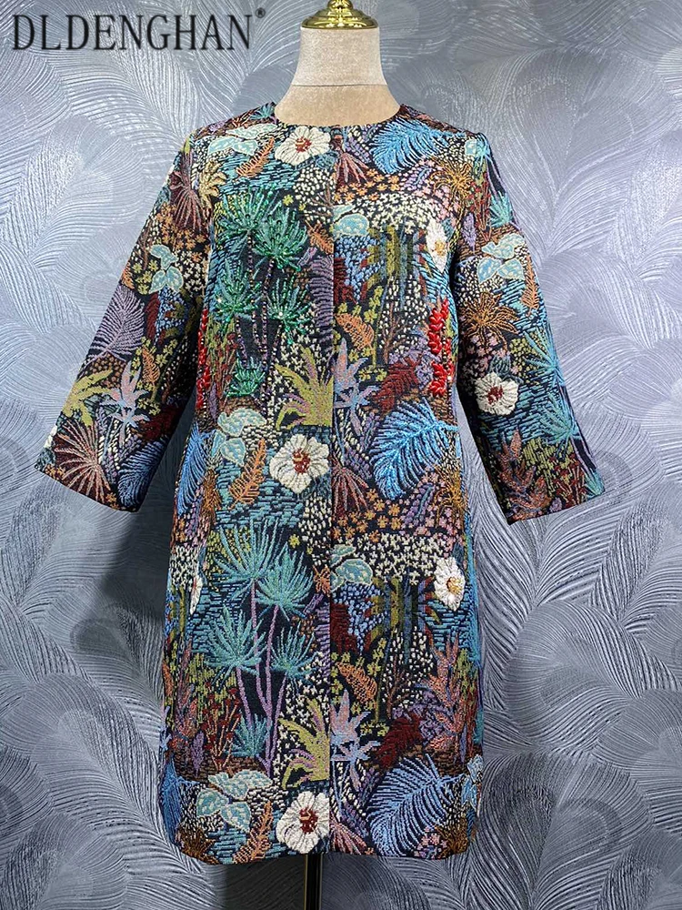 

DLDENGHAN Women's Vintage Jacquard Coat O-Neck Long-Sleeved with Pockets Concealed Button Detail Beaded Outerwear for Autumn