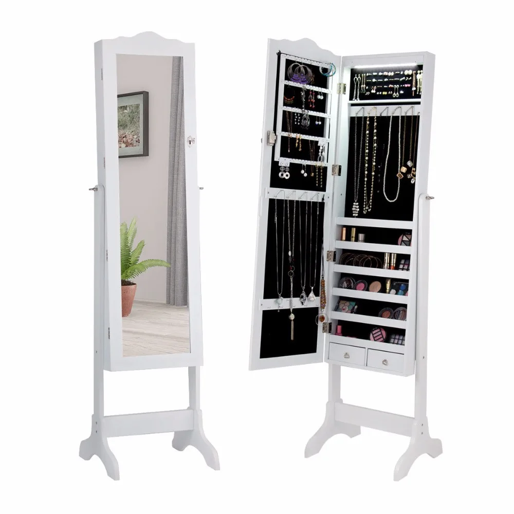 Mirrored Jewelry Cabinet Armoire Storage Organizer w/Drawer & Led Lights Brown/White HW66084