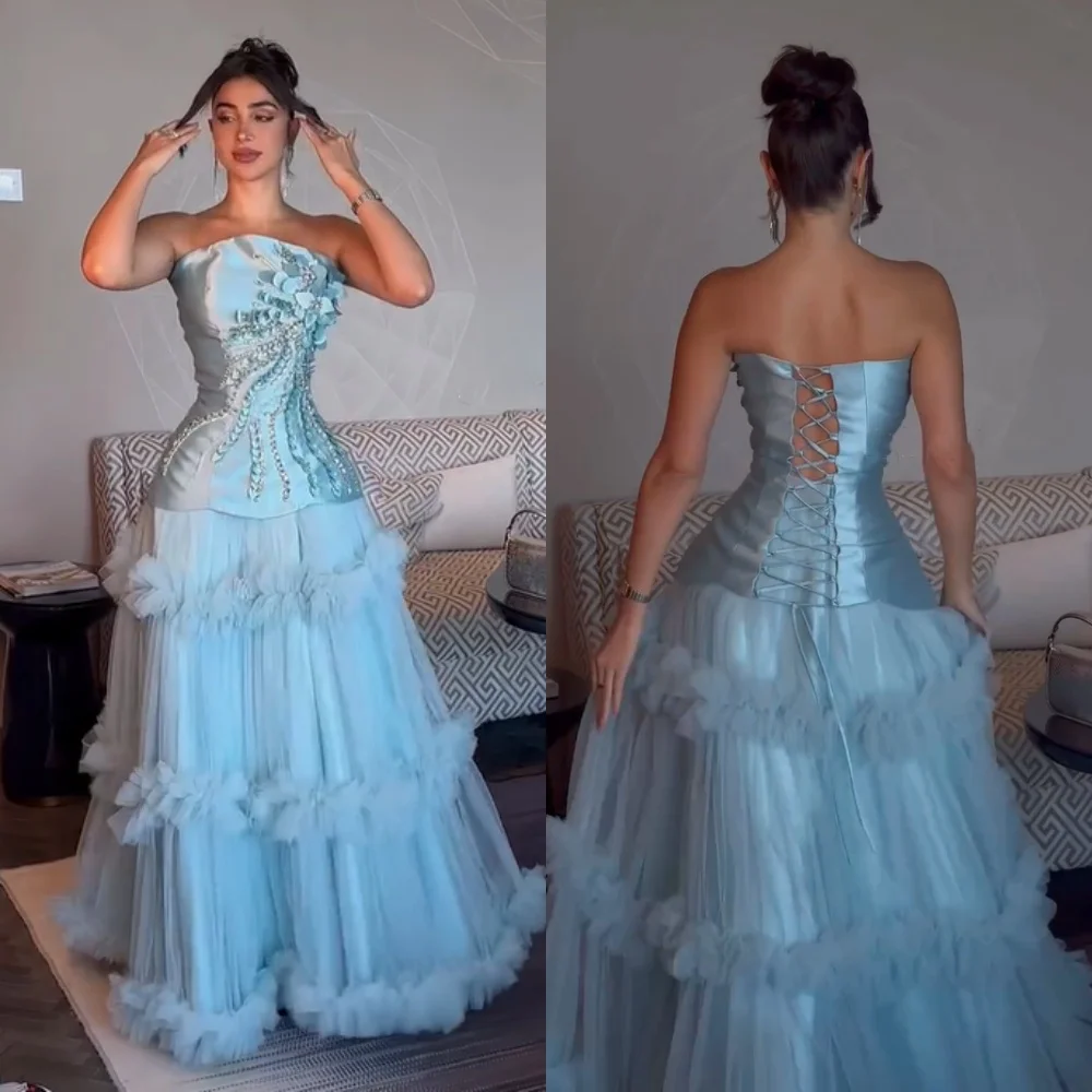 

Customized Pastrol Charmeuse Pleat Sequined Pattern A-line Strapless Long Dresses Bespoke Occasion Evening Chinese Style