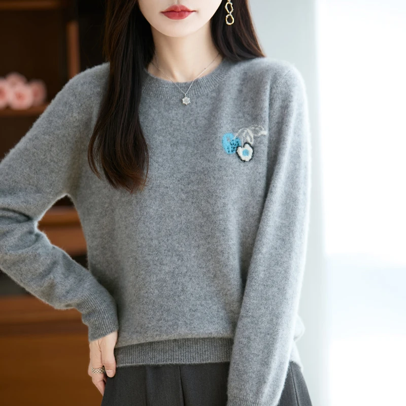 2025 Otoño/Invierno nuevo 100% suéter de lana pura con cuello redondo jersey de Jacquard bordado de punto para mujer Top suelto superventas para mujer