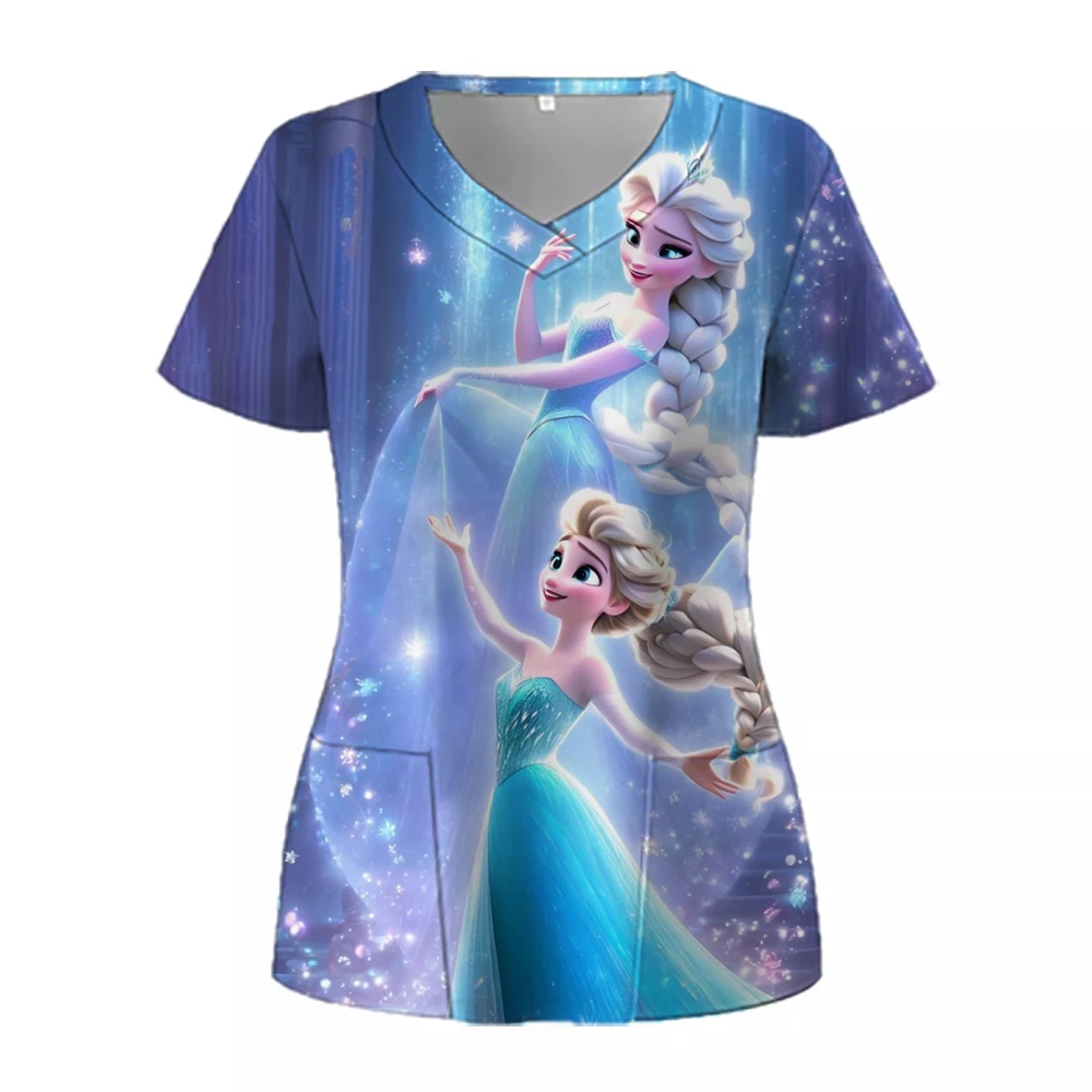 Disney Uniform Women's Cartoon Disney Princess Print Frozen Elsa Nurse Work Shirt Pocket Gown Christmas Healthcare Nurse Scrubs