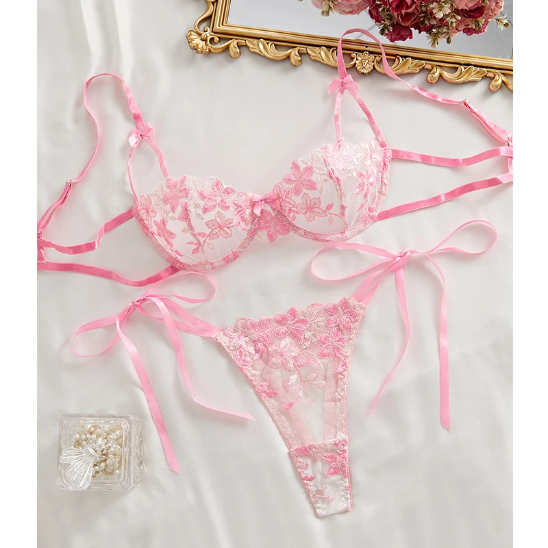 

Women Sexy Underwear Set Delicate Embroidery Lingerie Ultra Sexy Bra Sets Three-Point Intimate Outfits Pink Transparent Lingerie