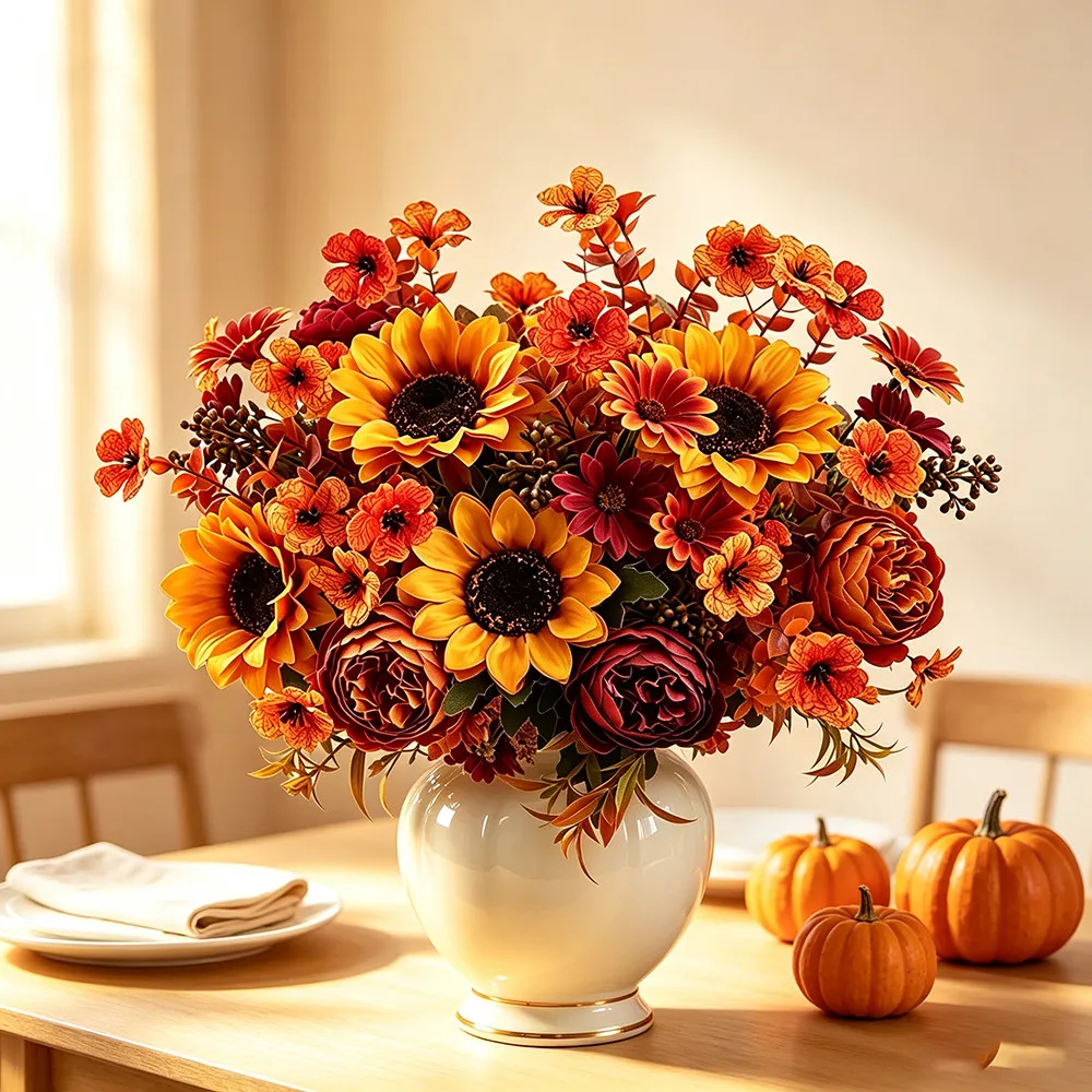 35 cm Künstlicher Seidenblumenstrauß, Sonnenblume, Gänseblümchen, Kunstblumen-Arrangement für Thanksgiving-Dekoration, Herbstdekoration für Zuhause und Hochzeit im Freien – Detail 2