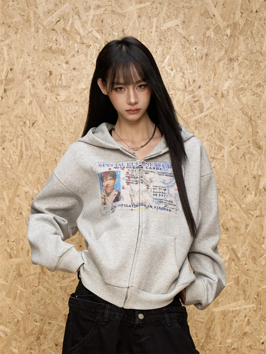 

Свободная толстовка с капюшоном на молнии American Sle, женская весенне-осенняя повседневная открытая кардиган Jaet Streetwear Faion