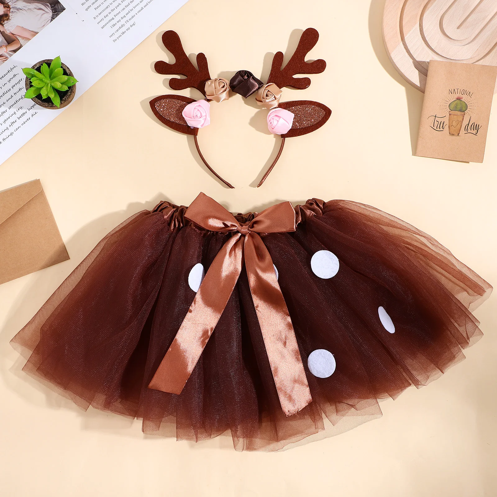 1 セット鹿コスチューム女の子セットポリエステルチュチュスカートクリスマスコスプレ衣装子供ヘラジカの角ヘッドバンドロールプレイ