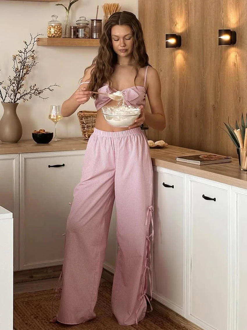 

Marthaqiqi Striped Women Sleepwear Suit Spaghetti Strap Pajamas Tank Top Nightie Crop Top Nightwear Pants Casual Nightgowns Sets