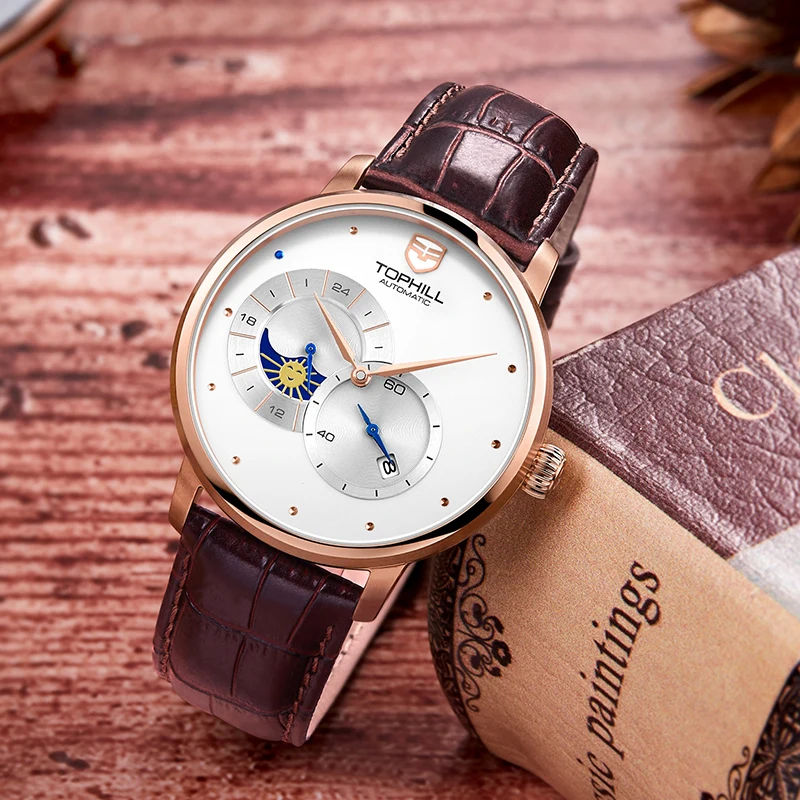 ساعة توفيل للرجال حركة أوتوماتيكية 42 ملم هيكل من الفولاذ المقاوم للصدأ كريستال الياقوت الفرقة الجلدية الثانية الصغيرة مرحلة القمر