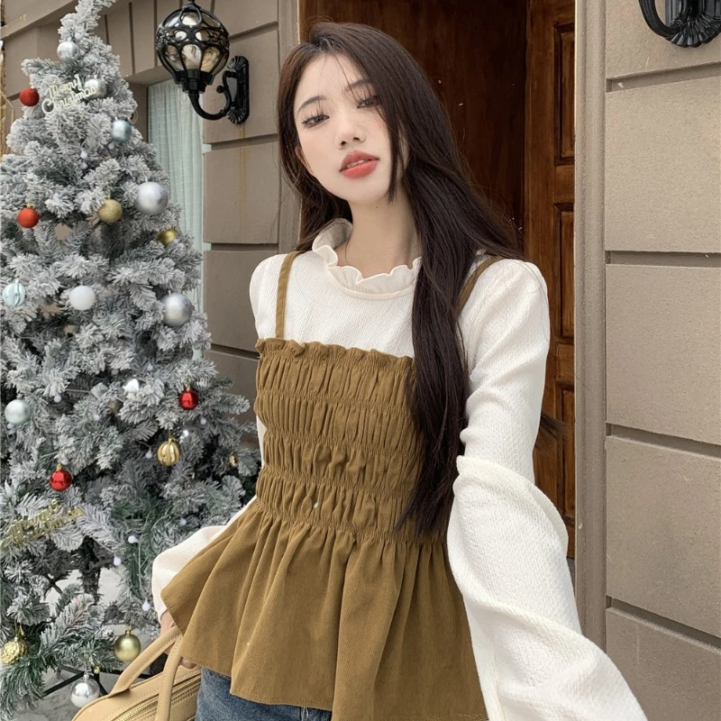 Corduroy Fake Two-piece T-shirt Women Autumn New Arrival Korean Fashion Long Sleeve Slim Tops Casual Versatile Thin Tops Female