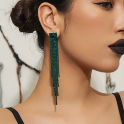 Goth Style Rhinestone Drop Earrings Green Long Tassel Earrings for Women Fashion Party Prom Jewelry
