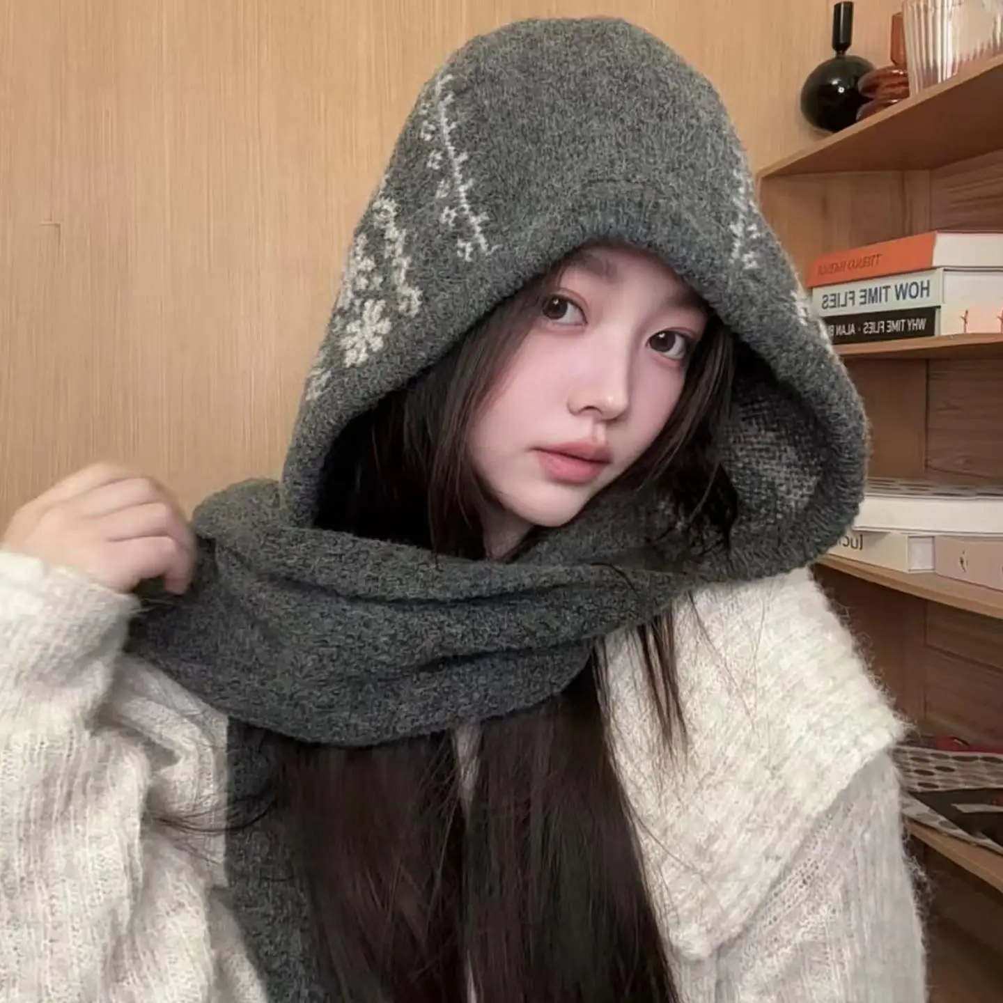 Knitted Balaclava Caps for Women Warm Collar Hooded Hat Thick Warm Beanies One-Piece Neck cover Scarf Cap Ski Cold Winter Hats