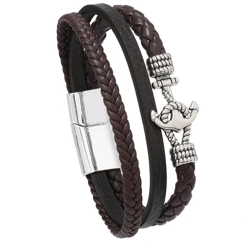 

Punk Men Leather Bracelet with Alloy Magnetic Clasp Braided Mutilayer Leather Wrapping Bangles Man Jewelry Gift