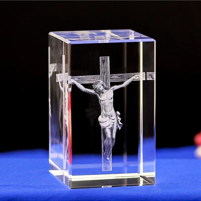 3D K9 Crystal 5x5x8cm Cube Christian Jesus Cross Figurine Home Decor Virgin Laser Engrave Crystal Religious gifts for Kids birth