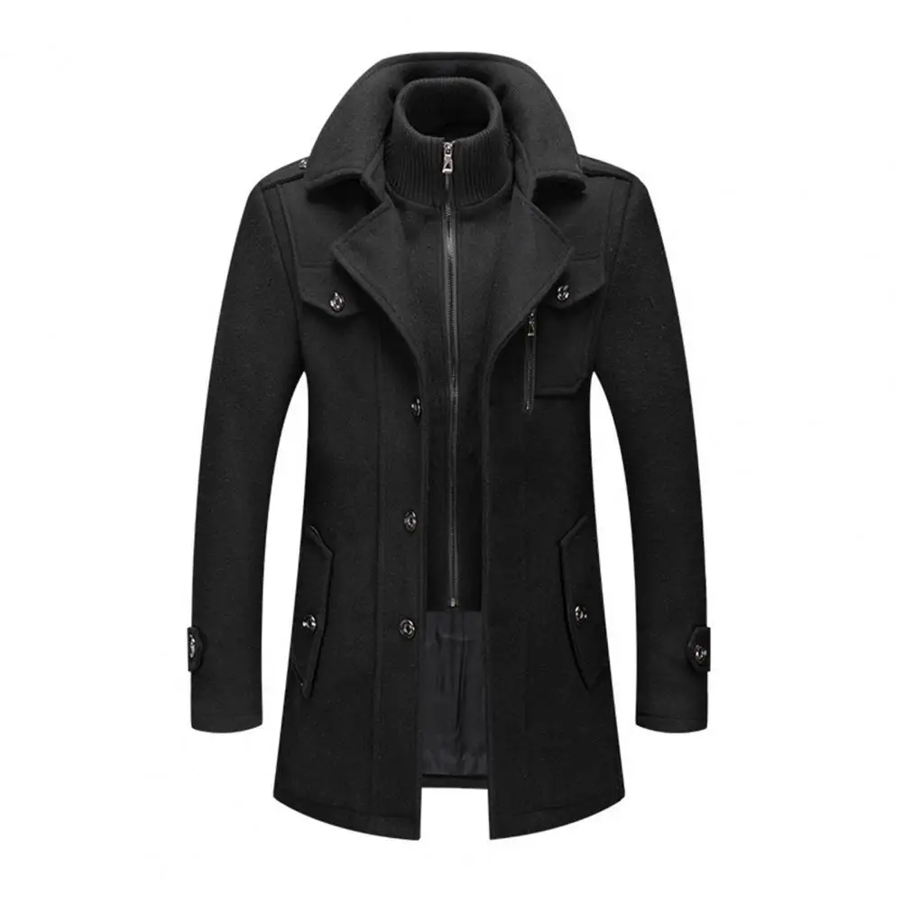 

Men Woolen Coat Double Stand Collar Long Sleeve Single-Breasted Jacket With Pockets Autumn Winter Casual Jacket Men Outwear