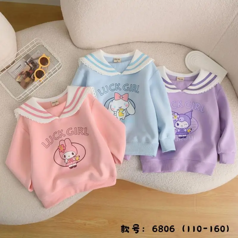 

Sanrios Kuromi Kids Cotton Sweatshirt Cinnamoroll My Melody Cute Navy Wind Casual Sports Tops Cartoon Pullover Anime Girl Gift