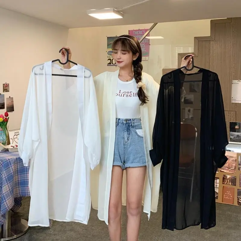 

Lightweight Loose Women's Summer Outerwear Long Sve French Sle round Ne Midi Length awl Cardigan Pure Color Polyester