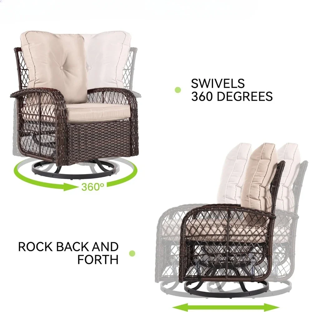 Outdoor Swivel Rocker Chair Set com pequena mesa lateral, vime Rattan, Mobília do pátio, conjunto de 3