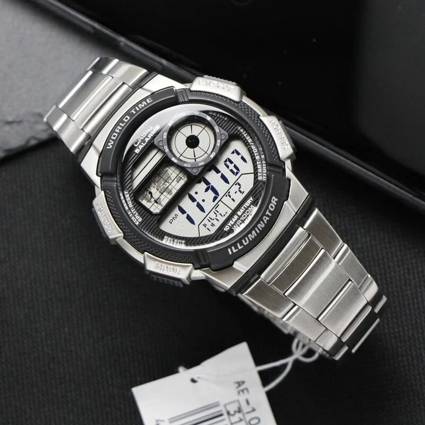 Casio AE‑1000WD Men Digital Sports Watch | 10‑Year Battery | 100M Water Resistant | World Time Stopwatch Stainless Steel Band