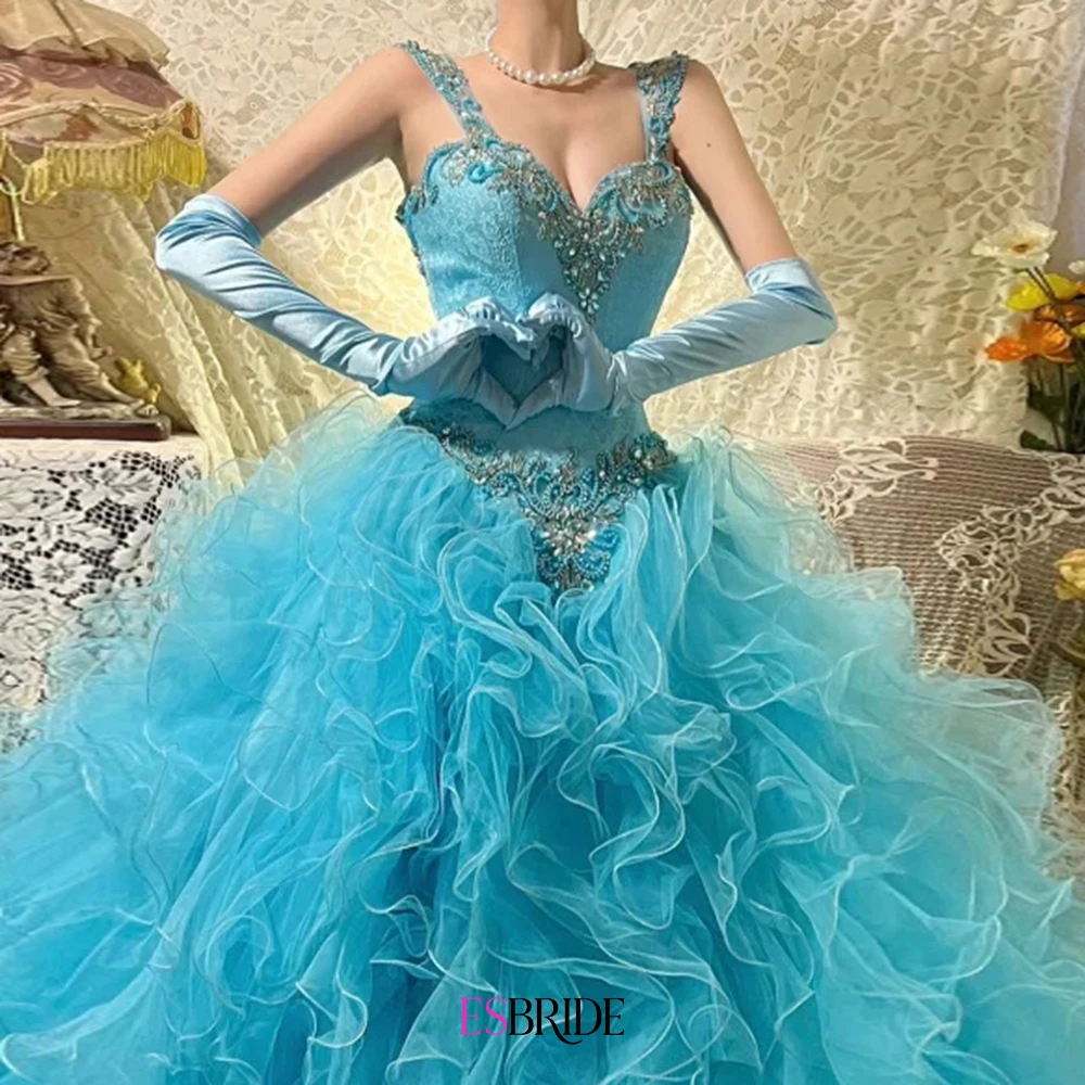 ESBRIDE Abito blu personalizzato Abito di garza multistrato di lusso Abito di pizzo con perline Impostazioni formali Abito da sera Abito formale da festa elegante