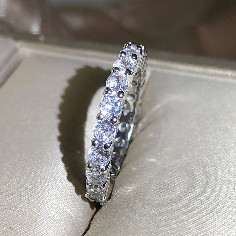 New Fashion Single Row Full Diamond Claw Set Ring Women 925 Stamp Bling Bling Round Zirconia Party Wedding Jewelry Gift