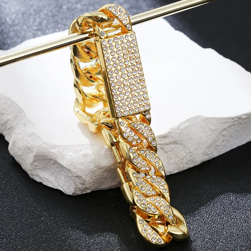 Hip Hop Gold Chuncky ID And Cuban Chain Bracelet Luxury Full Crystal ID Bracelet Bling Big Size Trendy Men Jewelry Accessory