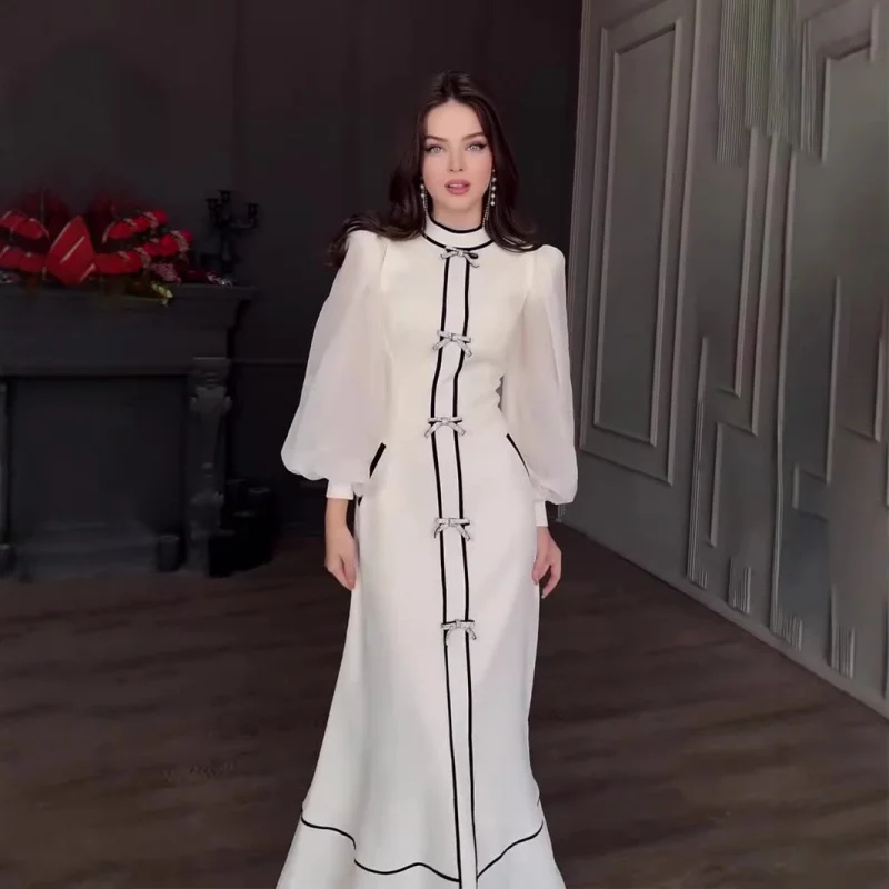 秋の新作リボン飾り付き白黒パッチワークエレガントハーフハイカラーロングドレス