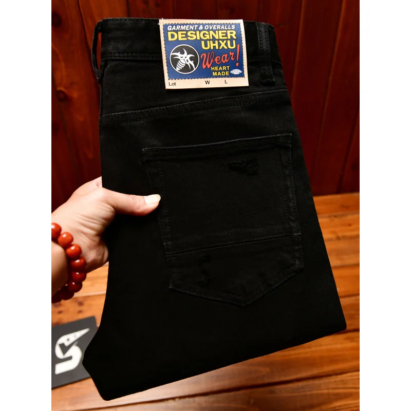 

Black ripped jeans men's fashionable street trend American handsome retro nostalgic slim fit small leg denim pants