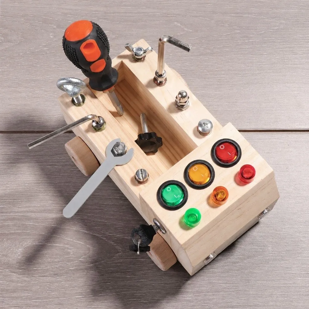 LED Light Montessori Busy Board Simulate Car 2-4 Years Old Wooden Switch Busy Board Power Switch Durable Educational Car
