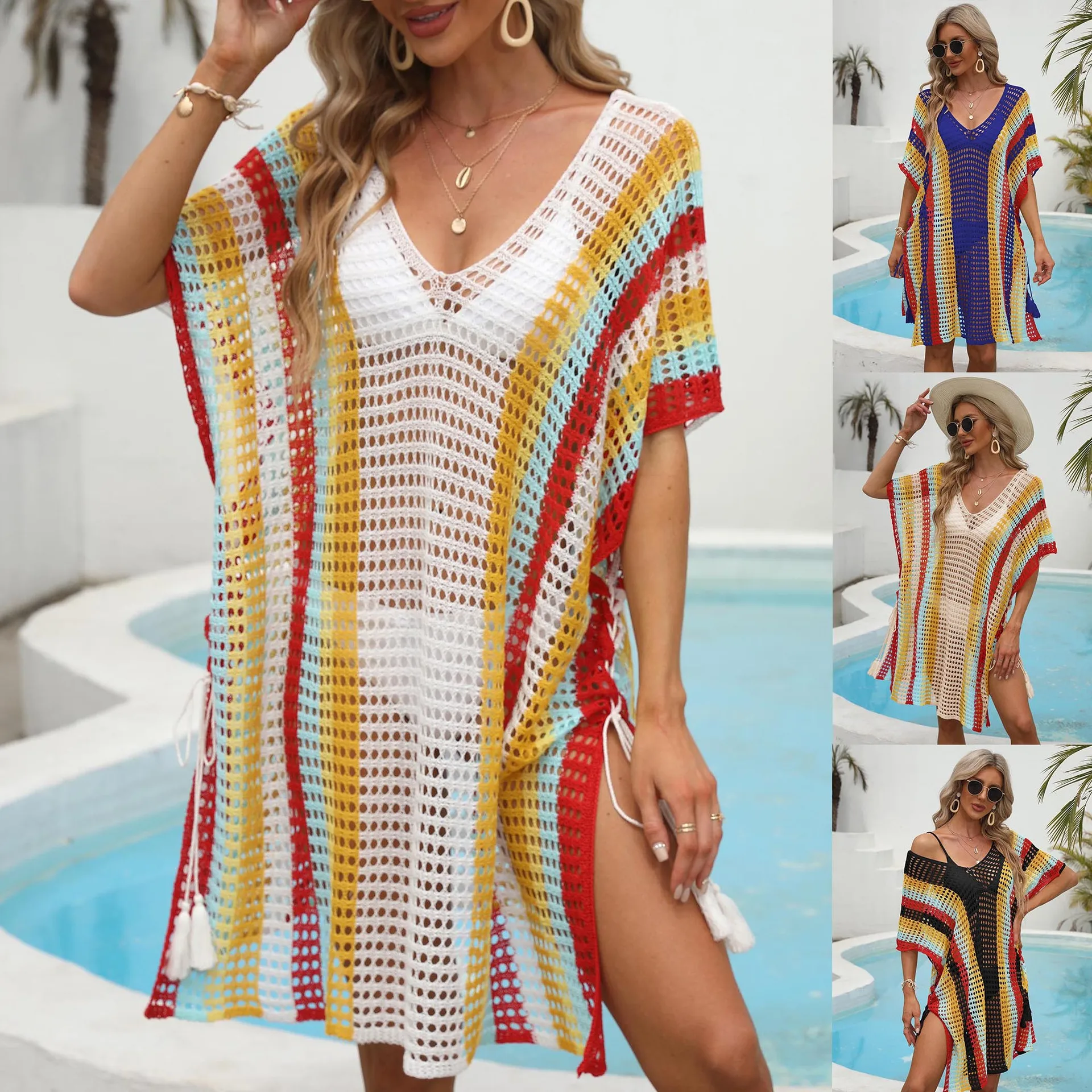 

Knitted Beach Tunic for Woman Swim Cover Up String Split Beachwear Crochet Swimsuit Cover-ups Stripped Pareo 2024 Bathing Suit