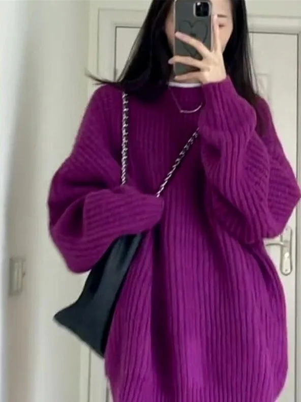 

Purple Knitted Sweater Women's Autumn Winter Loose Fit Overhead Sle Slimming Medium Length Trendy Lazy Faion Top for Women